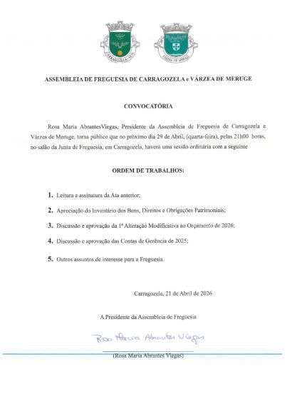 Reuni&atilde;o Ordin&aacute;ria da Assembleia de Freguesia de Carragozela e V&aacute;rzea de Meruge - Abril 2026