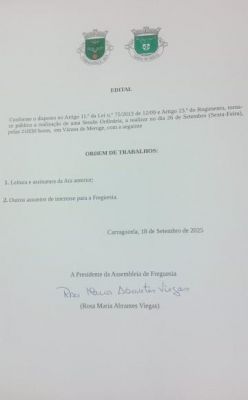 Edital - Sessão Ordinária da Assembleia de Freguesia de Carragozela e Várzea de Meruge - Setembro 2025