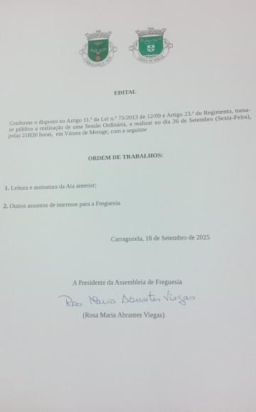 Edital - Sessão Ordinária da Assembleia de Freguesia de Carragozela e Várzea de Meruge - Setembro 2025