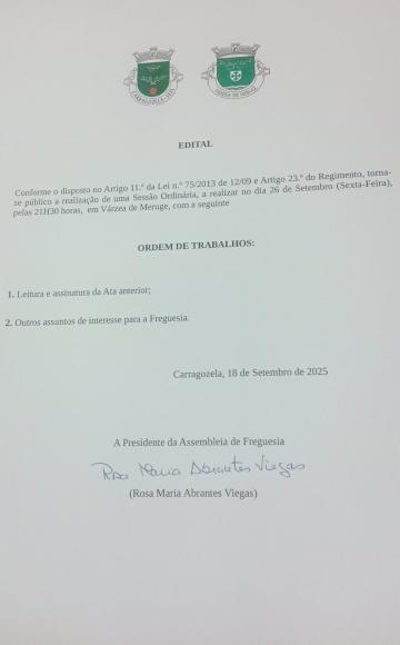 Edital - Sessão Ordinária da Assembleia de Freguesia de Carragozela e Várzea de Meruge - Setembro 2025 Edital - Sessão Ordinária da Assembleia de Freguesia de Carragozela e Várzea de Meruge - Setembro 2025