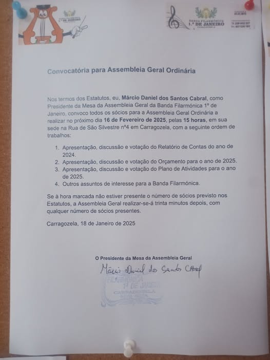 Assembleia Geral Ordinária da Banda Filarmónica 1º de Janeiro de Carragozela