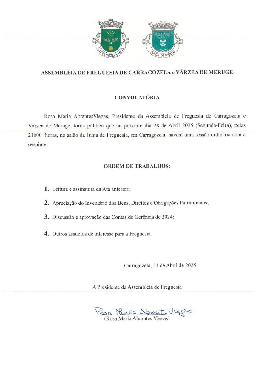 Convocatória da Assembleia de Freguesia da União de Carragozela e Várzea de Meruge - Abril 2025