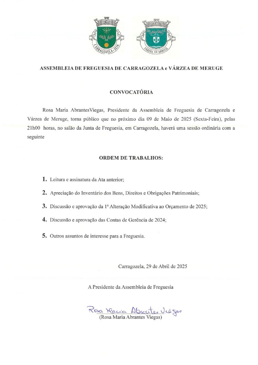 Convocatória da Assembleia da União de Freguesias de Carragozela e Várzea de Meruge - Maio 2025