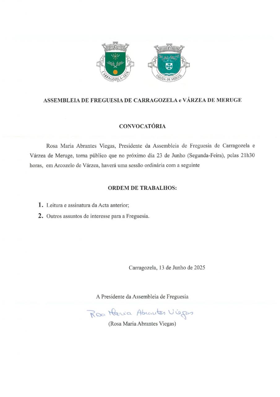 CONVOCATÓRIA | Assembleia de Freguesia de Carragozela e Várzea de Meruge - Junho 2025