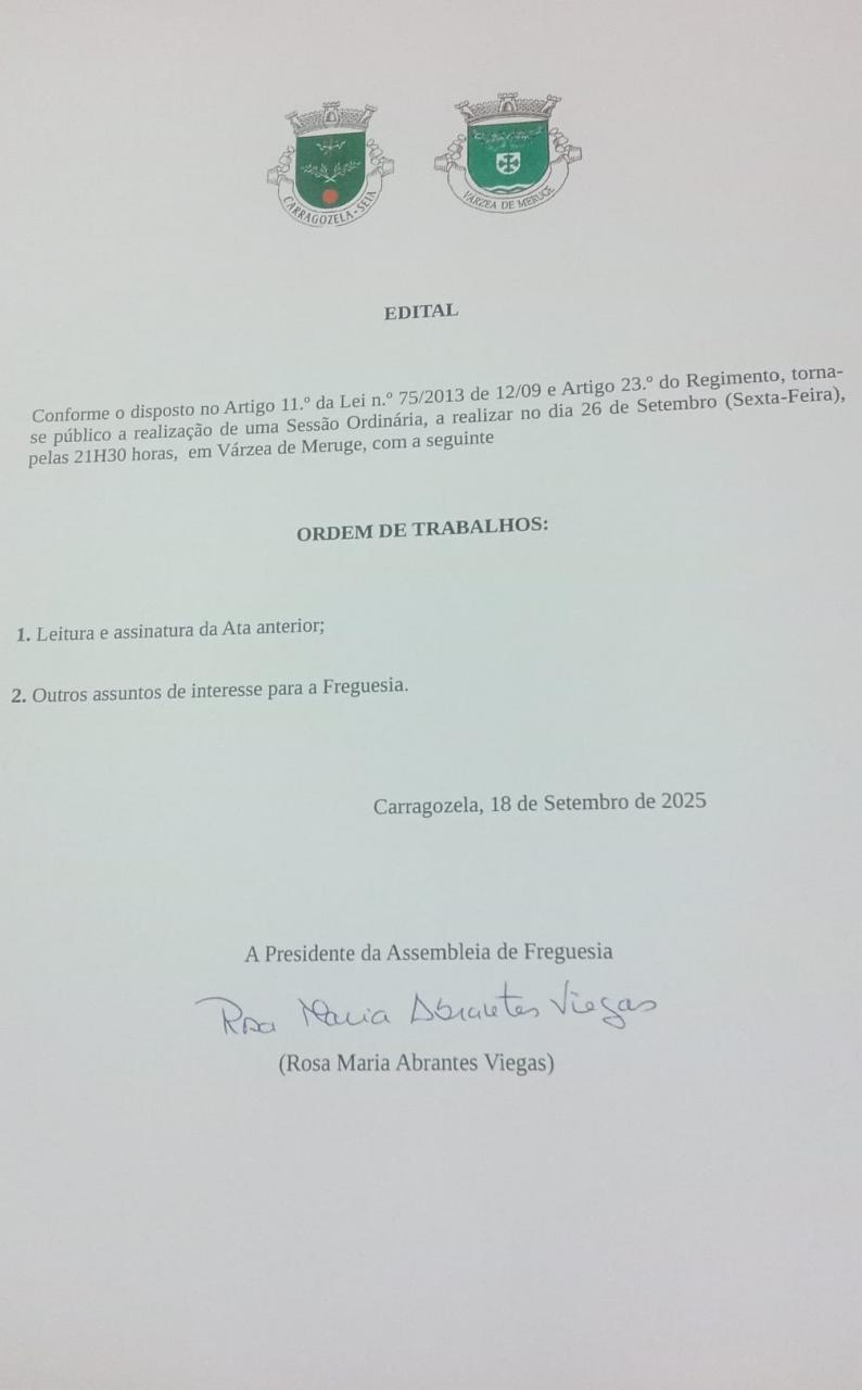 Edital - Sessão Ordinária da Assembleia de Freguesia de Carragozela e Várzea de Meruge - Setembro de 2025