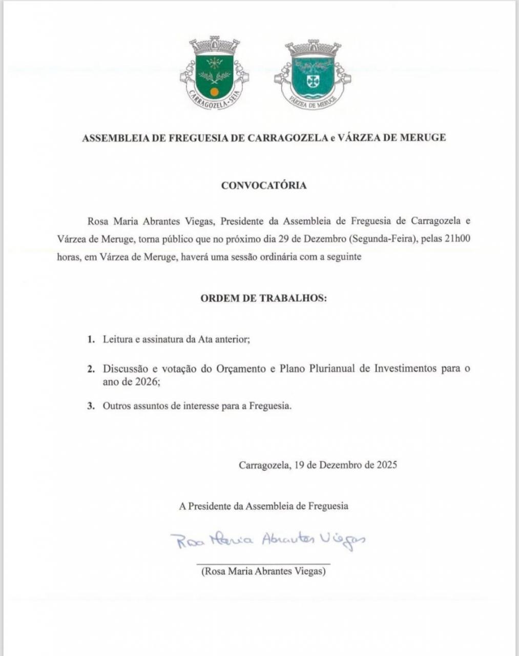 Reuni&atilde;o Ordin&aacute;ria da Assembleia de Freguesia de Carragozela e V&aacute;rzea de Meruge - Dezembro 2025