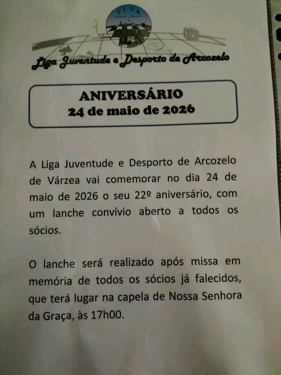 Anivers&aacute;rio da Liga Juventude e Desporto do Arcozelo de V&aacute;rzea