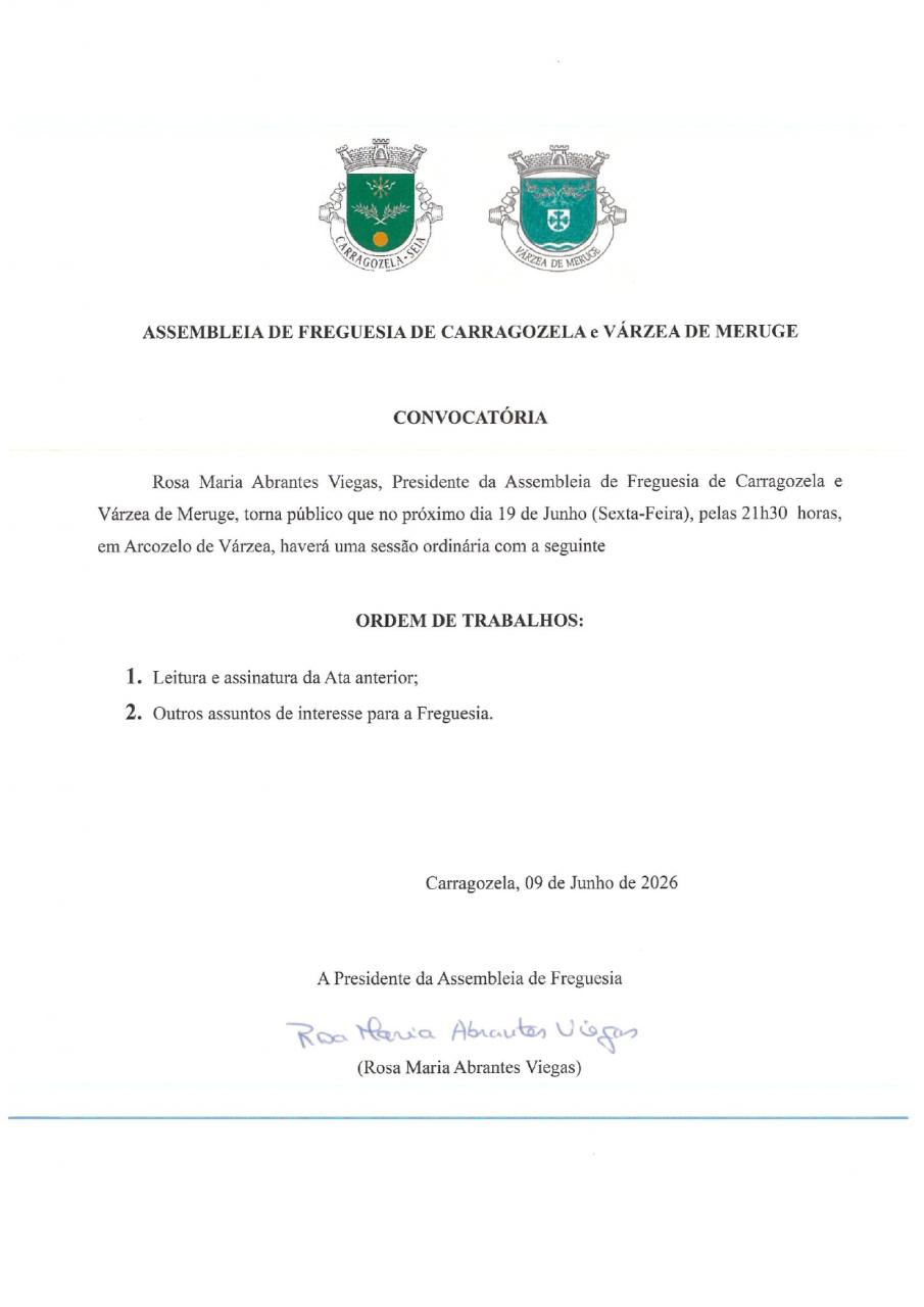 Reuni&atilde;o Ordin&aacute;ria da Assembleia de Freguesia de Carragozela e V&aacute;rzea de Meruge - Junho 2026